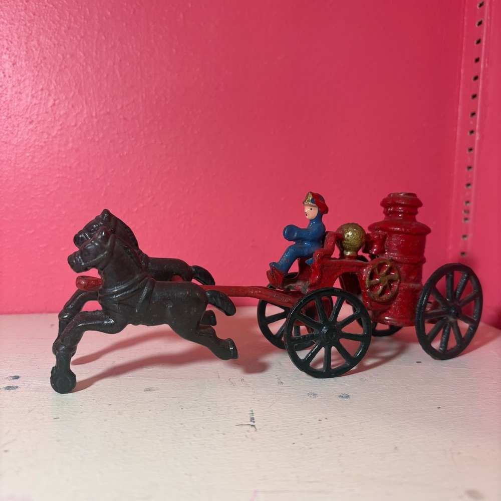 Vintage Fire Wagon Kid's Classic Red and Black Toy Horse Carriage Metal Red Iron